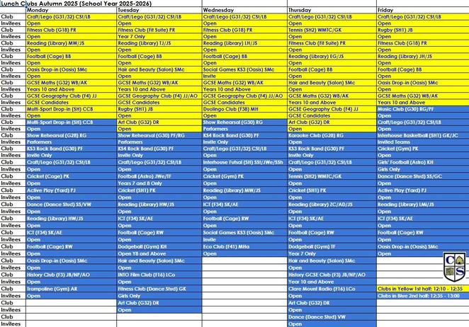 Autumn 2025 Lunch Club Timetable